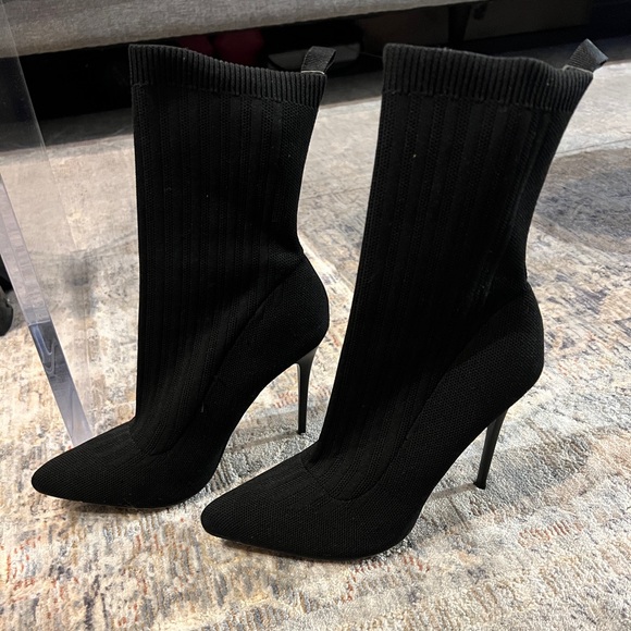 Black Pointed-Toe Mid Calf Sock Boots - Picture 2 of 8